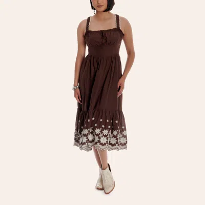 Camellia Clothing Camellia Women's Brown Floral Eyelet Embroidered Tiered Midi Dress
