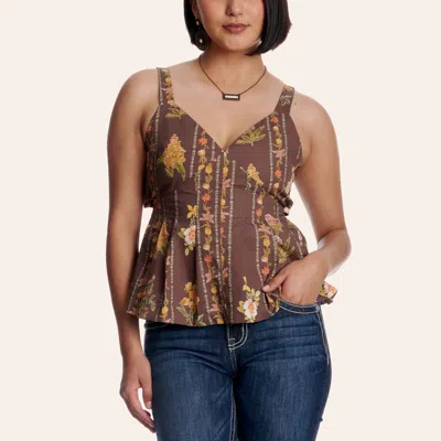 Camellia Clothing Camellia Women's Brown Floral Print Peplum Tank Top