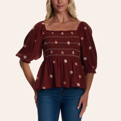 Camellia Clothing Camellia Women's Burgundy Floral Embroidered Puff Sleeve Peplum Top