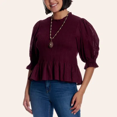 Camellia Clothing Camellia Women's Burgundy Swiss Dot Smocked Puff Sleeve Peplum Top