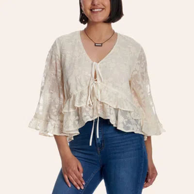 Camellia Clothing Camellia Women's Cream Sheer Floral Embroidered Bell Sleeve Top