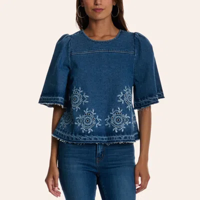 Camellia Clothing Camellia Women's Dark Wash Denim Embroidered Peplum Top In Blue