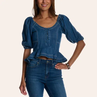 Camellia Clothing Camellia Women's Medium Wash Denim Puff Sleeve Cropped Peplum Top In Blue