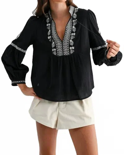 Camellia Embroidered Boho V-neck Blouse In Black