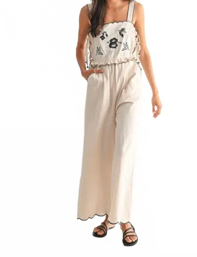 Camellia Embroidered Jumpsuit With Unique Scalloped Edge In White In Neutral