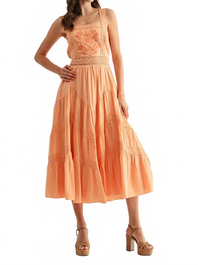 Camellia Embroidered Sundress Breezy Boho Midi Dress In Orange