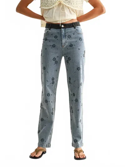 Camellia Floral Embellished Straight-leg Jeans In Denim In Blue