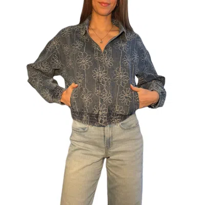 Camellia Floral Embroidered Denim Jacket In Blue In Black