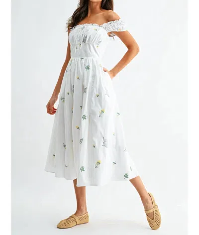 Camellia Floral Embroidered Midi Dress In White