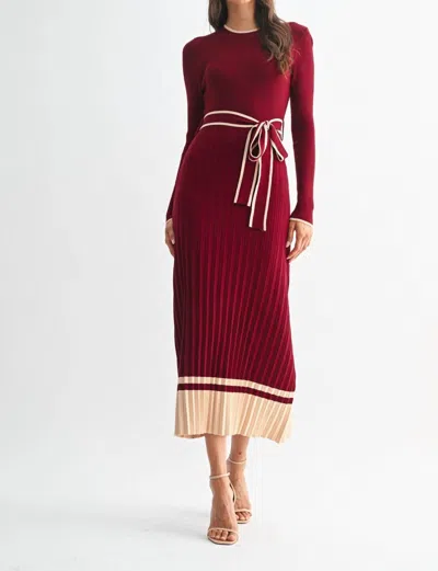 Camellia Linette Accordian Skirt Midi Dress In Burgundy Cream In Multi