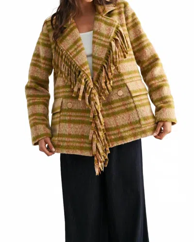 Camellia Meg Plaid Fringe Jacket In Taupe, Light Green And Pink In Gold
