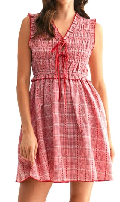 Camellia Plaid Smocked Dress With Ruffle In Red In Orange