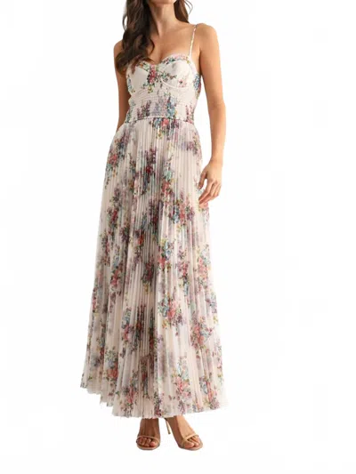 Camellia Pleated Floral Tulle Maxi Dress In Beige In Multi