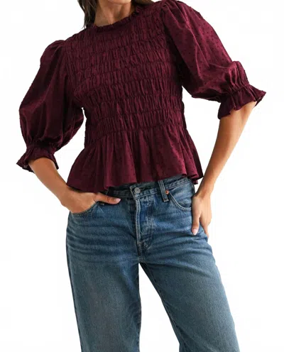 Camellia Smocked Peplum Puff Sleeve Top In Burgundy In Multi