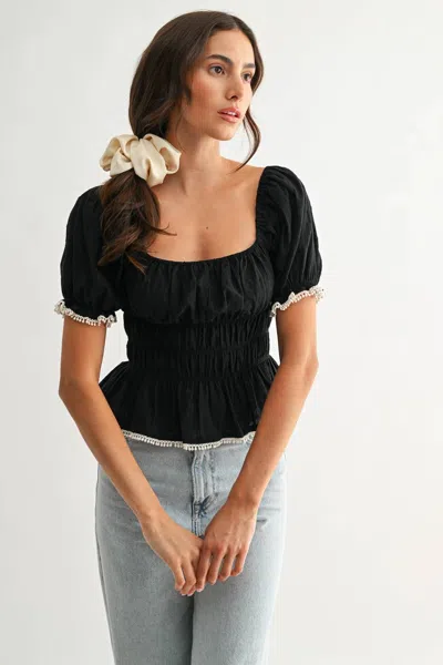 Camellia Smocked Peplum Top With Puff Sleeves In Black