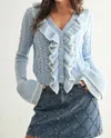 Camellia Stylish Ruffled Cardigan In Light Blue/ivory In Blue