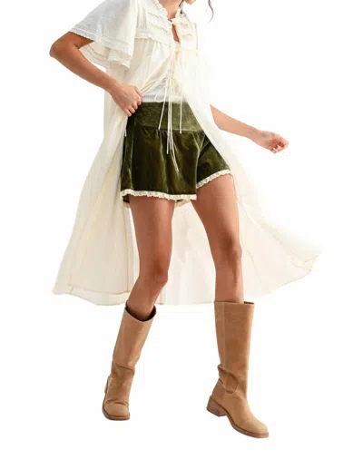 Camellia Velvet High-waisted Lace-trimmed Shorts In Olive In Green