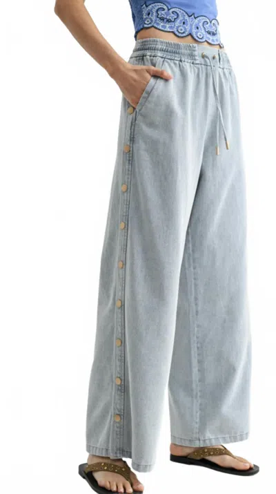 Camellia Wide Leg Wash Side Snap Button Detail Denim Pants In Light Blue