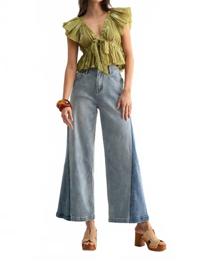 Camellia Wide-leg Two-tone High Waist Denim Jeans In Medium Wash In Blue
