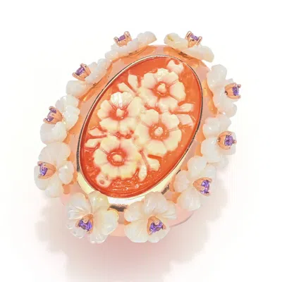 Cameo-italiano Cameo Italiano "mucha" Flowers Shell Cameo, Mother-of-pearl & Simulated Gem Ring In Multi