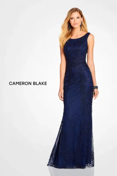 Cameron Blake 119644 Fitted Long Formal Mother Of The Bride Lace Dress In Blue