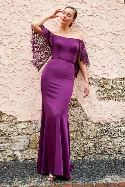 Cameron Blake 220632 Long Formal Fitted Lace Evening Dress In Purple