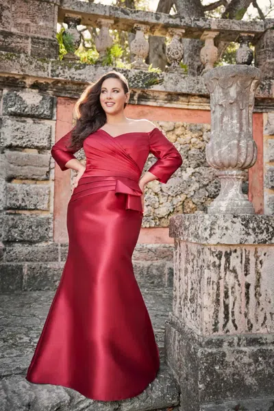 Cameron Blake 221686 Long Pleated Formal Peplum Evening Dress In Burgundy