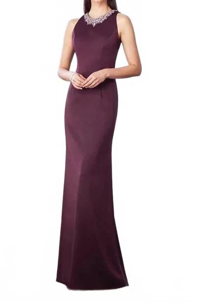 Cameron Blake Beaded High Neck Evening Gown In Eggplant In Beige