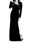 Cameron Blake Beaded Off Shoulder Evening Gown In Navy In Blue