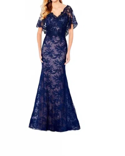 Cameron Blake Cape Sleeve Formal Dresses In Navy Blue/nude In Multi