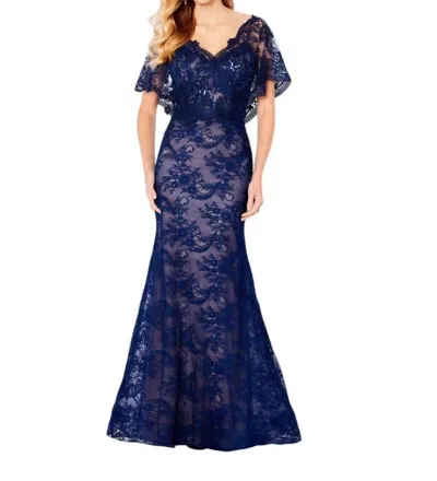 Cameron Blake Cape Sleeve V-neck Dress In Navy/nude In Multi