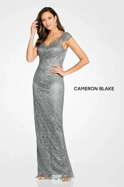 Cameron Blake Cb107 Long Formal Beaded Lace Evening Fown In Gray