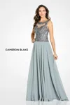 Cameron Blake Cb138 A Line Long Metallic Lace Formal Evening Dress In Gray