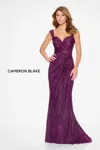 Cameron Blake Cb210 Long Mermaid Pleated Formal Lace Evening Dress In Purple