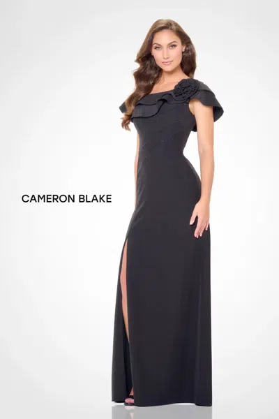 Cameron Blake Cb3231 Long A Line Ruffle Slit Formal Evening Dress In Black