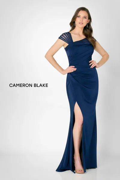 Cameron Blake Cb786 Fitted Slit Long Formal Evening Dress In Blue