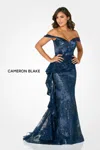 Cameron Blake Cb791 Long Formal Ruffle Sequin Evening Mermaid Dress In Blue