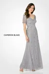 Cameron Blake Cb793 Beaded Long Floral Sequin Evening A Line Dress In Silver