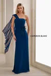 Cameron Blake Cb908 Pleated Long Formal Feather Evening Gown In Blue