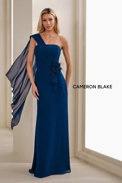 Cameron Blake Cb908 Pleated Long Formal Feather Evening Gown In Blue