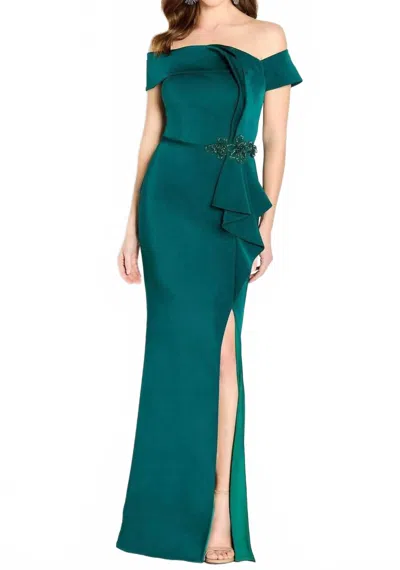 Cameron Blake Fold-over Detailed Off-shoulder Evening Gown In Emerald In Green