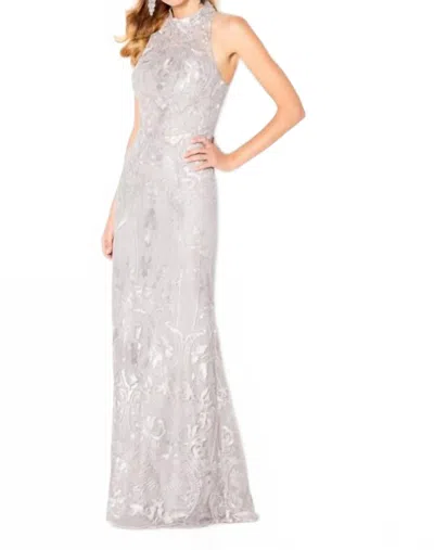 Cameron Blake High Neck Embroidered Dress In Silver