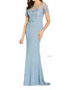 Cameron Blake Illusion Bateau Lace Evening Gown In Cloud In Blue
