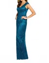 Cameron Blake Lace Cap Sleeve Evening Gown In Teal In Blue