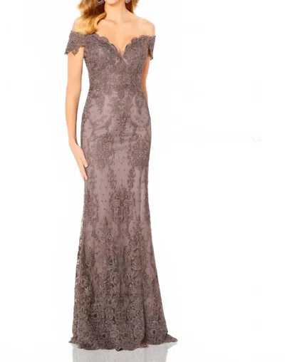 Cameron Blake Lace Mermaid Long Formal Gown In Smoke In Gray