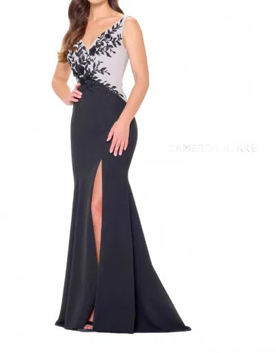 Cameron Blake Long Sequin Beaded Applique Formal Evening Dress In Ivory/blacl In Multi