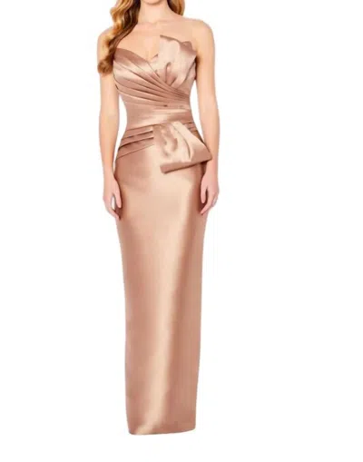 Cameron Blake Pleated Bodice Strapless Dress In Bronze In Metallic