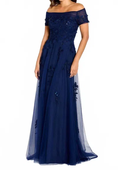 Cameron Blake Short Sleeve Evening Gown In Navy In Blue