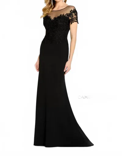 Cameron Blake Illusion Bateau Lace Evening Gown In Black
