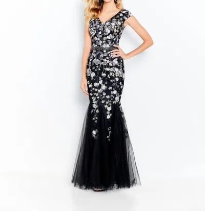 Cameron Blake Tulle Trumpet Dress In Black Multi In Blue